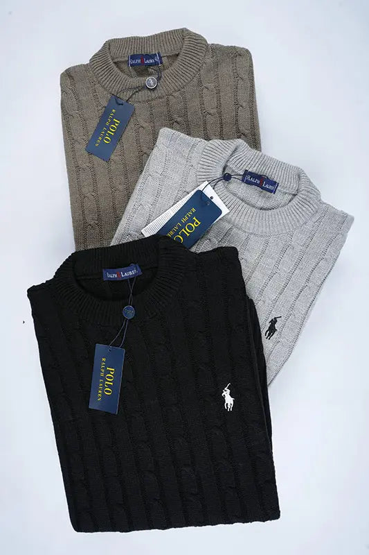 Pack 3 Pulls Ralph col rond en coton 100%  ( Gris + Noir + Beige Foncé )