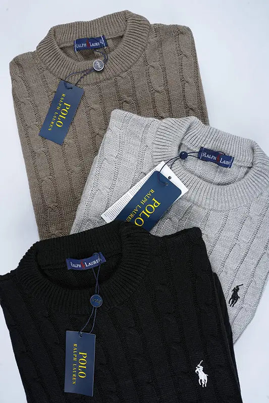 Pack 3 Pulls Ralph col rond en coton 100%  ( Gris + Noir + Beige Foncé )