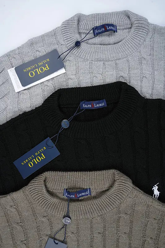 Pack 3 Pulls Ralph col rond en coton 100%  ( Gris + Noir + Beige Foncé )